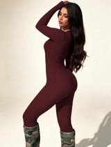 Women High Stretch Ribbed Knit Long Sleeve Jumpsuit Deep V Neck Slim Fit Tight Full Length Bodysuit Pants Casual Club Outfit