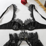 Diccvicc Coquette Slate Blue Lingerie Set 4 Piece Eyelash Lace Satin Bra Peplum Ruffle Garter with Rosebud Thong Women Nightwear