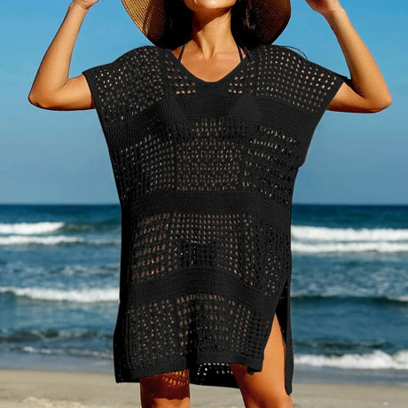 Knitting V-Neck Sexy Hollow Out Beach Bikini Cover-Ups Ladies Summer Vacation Casual Loose Beachwear Sunscreen Smock