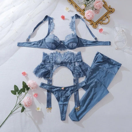 Women's Blue Lace Lingerie Set 4 Piece Bra Panty Garter Belt Stockings Underwire Adjustable Straps Sexy Romantic Nightwear 2026