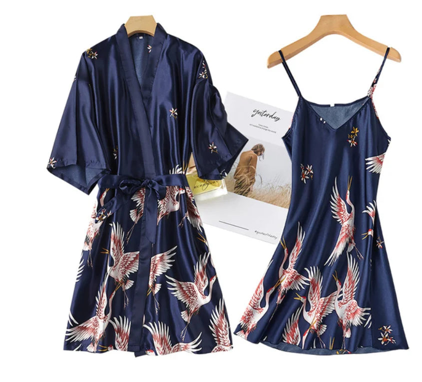 Sexy Nightwear Gown Set Women 2PC Pyjama V-Neck Pajamas Silky Sleepwear Spring Lady Sleep Suit Robe Wear Home Negligee Homewear