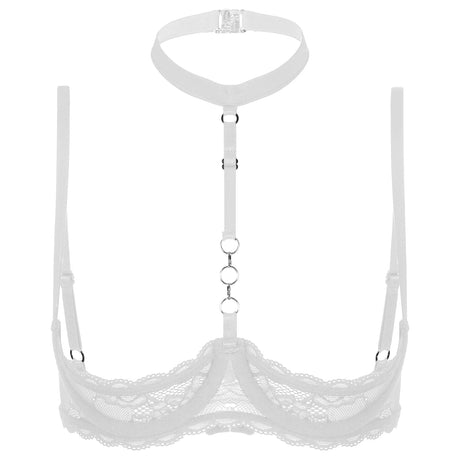 Womens 1/4 Cups Underwire Bra Halter Neck O Ring See Tthrough Lace Push Up Brassiere Sexy Lingerie Breast Open Bras Underwear