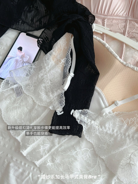Women Elegant French Longline Lingerie, Lace Satin Wireless Bra, Push Up Sexy Open Back, Luxury Bridal Underwear Fit Small Bust
