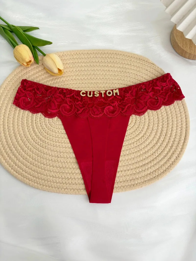 Personalized Custom Thong Name Crystal Letter G-String Low Waisted Lace Thong Ice Silk Bikini Panties Hot Wife Girlfriend Gift