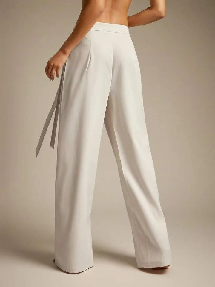 Women High Waist Wide Leg Pants Loose Wrap Tie Knot Asymmetric Pleated Trousers Beach Casual Bottoms