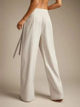 Women High Waist Wide Leg Pants Loose Wrap Tie Knot Asymmetric Pleated Trousers Beach Casual Bottoms
