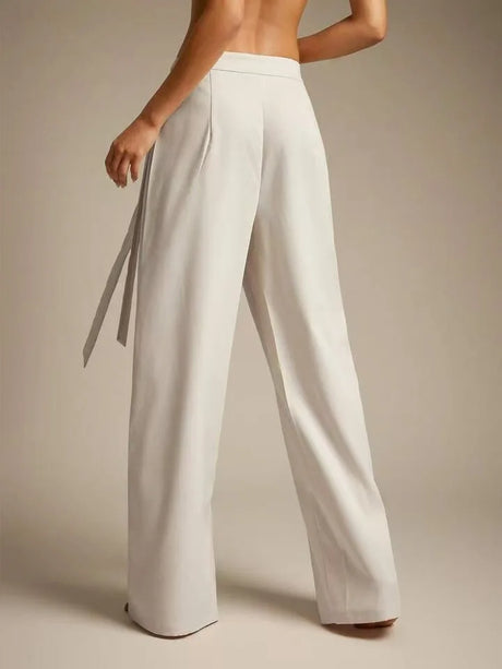Women High Waist Wide Leg Pants Loose Wrap Tie Knot Asymmetric Pleated Trousers Beach Casual Bottoms