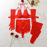 Seductive Red Women's Lingerie Sets Wild Sexy Sheer Mesh Double Strap Halter Bra Panty Mini Skirt Gloves Stocking 5PC Erotic Set