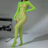 Sexy Lace See-Through Bodysuit Long Sleeve Fishnet Jumpsuits Elastic Night Club Jump Suits for Women Sexy Pole Dancing Overalls