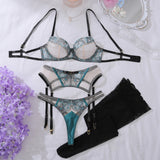 Ladies' New Fashionable and Sexy Lace Embroidered Western Region Style Luxury and Beautiful Underwear and Underwear 4-piece Set