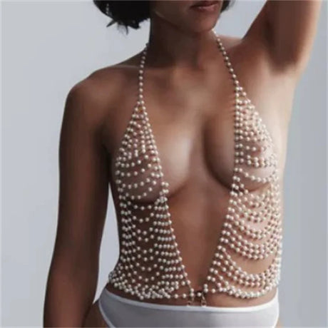 CHICATWILL European Sexy Deep V-Neck Lady Camis Pearls Tops Beach Handmade Beading Body Chains Hot Woman Vest American Female