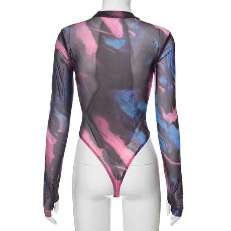 Fashion Tie Dye Printing One-Piece Romper Sexy Women Long Sleeve Bodysuits Streetwear Y2k Bottoming Tops Clubwear O-Neck T-Shirt