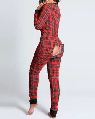 Sexy Pyjama Women's Long Sleeves Homewear Suit Button-Down Front Back Butt Bum Open Ass Flap Jumpsuit Loungewear Christmas Print