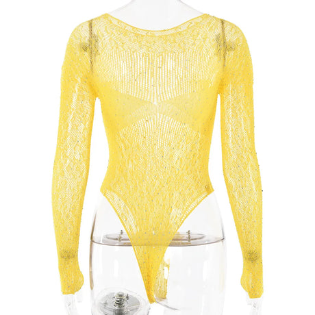 Women Slim See Through Long Sleeve Romper Tops Shiny Rhinestone Tshirt Bodysuit Party Club Hollow Out Wrap Overalls Tops