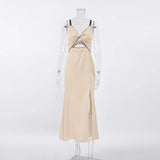 Black Satin Knot Hollow-out Straps Long Dress French Style Sexy Sleeveless Slit Women Summer Dress Lady Evening Party Gowns