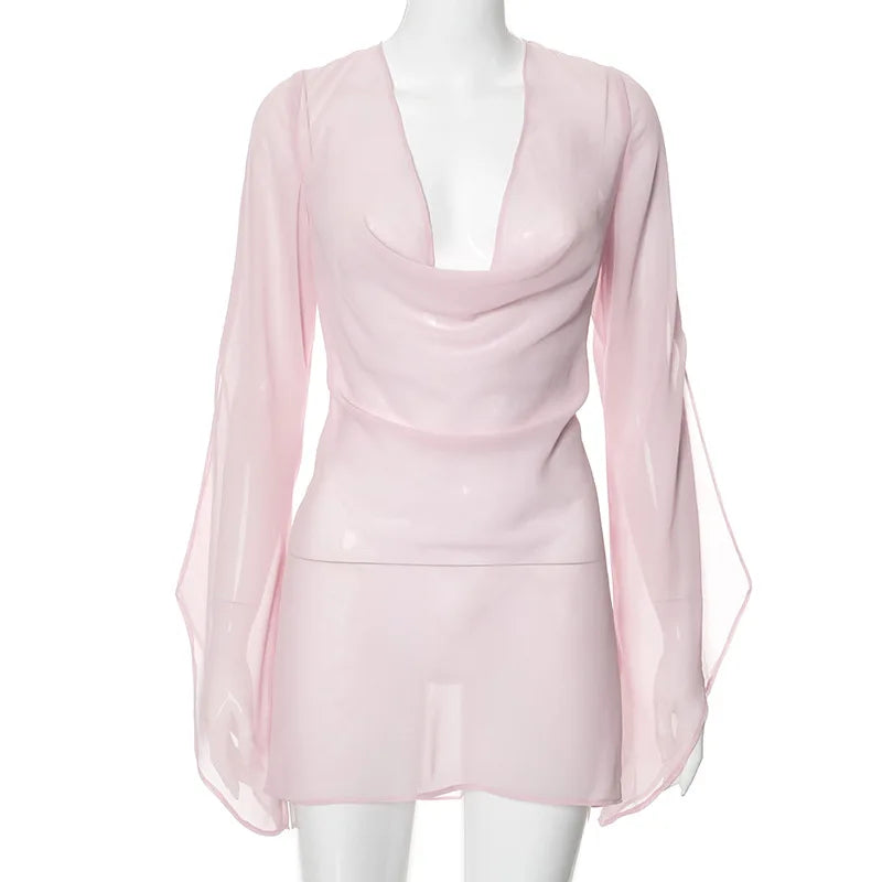 Womens Dresses Spring 2026 New Sexy See Through Backless Low Chest Mini Dress Streetwear Fashion Lace-up Long Sleeves Lady Dress
