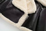 HH Women Faux Leather Thicken Short Jacket Vintage Front Zipper Lapel Long Sleeve Coat Winter Women Warm Casual Outerwear