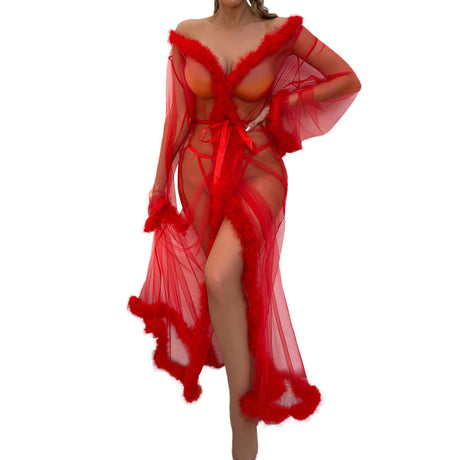 Sexy Mesh Feather Nightdress For Women Thin Robe Long Lingerie Nightgown Bathrobe Pajamas Sexy Lingerie Sleepwear Porn Babydoll