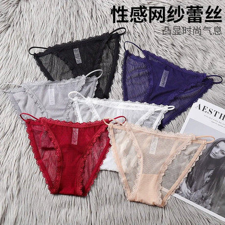 Women's underwear sexy seamless lace hollow out gauze ribbon middle waist female panties ladies breathable comfortable lingerie