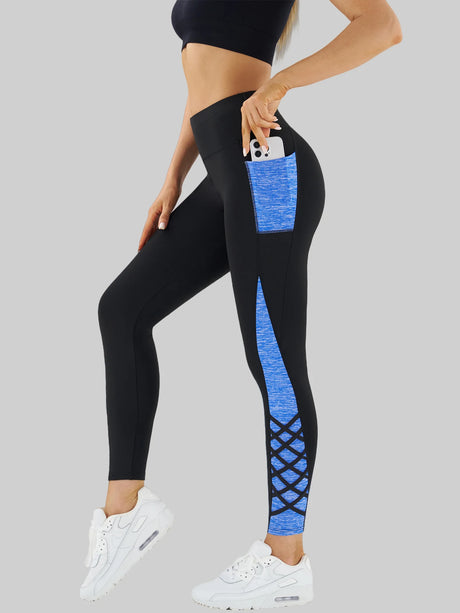 Contrast Geometric Print Pocket Yoga Leggings for Women, High Waist Compression Workout Gym Fitness Trousers