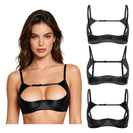 Womens Satiny 1/4 Cup Bra Solid Cut Out Adjustale Straps Underwired Shelf Bra Hollow Out Supportive Balconette Bra Underwear