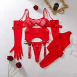 Ellolace Solid Women's Lingerie Sets Seductive See Through Bra Belt Thong 3PC with Gloves Stockings Sissy Sexy Women's Underwear