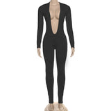 2025 Autumn Solid Backless Skinny Jumpsuits Women Sexy Deep V Neck Long Sleeve Slim Fitness Overalls Clubwear Street Rompers