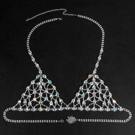 Sexy Mesh Crystal Jewelry Women Lingerie Set Bra Panties Bling Rhinestone Harness Multicolored Beach Body Chain