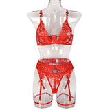 Luxury Floral Embroidery Lace Women's Lingerie Sets Seductive Jewel Strap Sheer Push Up Bra Panty Garter Belt 3PC Sexy Underwear