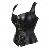 Women Corset Bustier Steampunk Zipper Corset Top Black Leather Corset With Straps