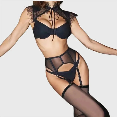 Exclusive Women's Lingerie Intimate Set Romantic Lace Capelet Bra Garter Thong 3PC Stockings Oriental Vintage Chic Girls' Outfit
