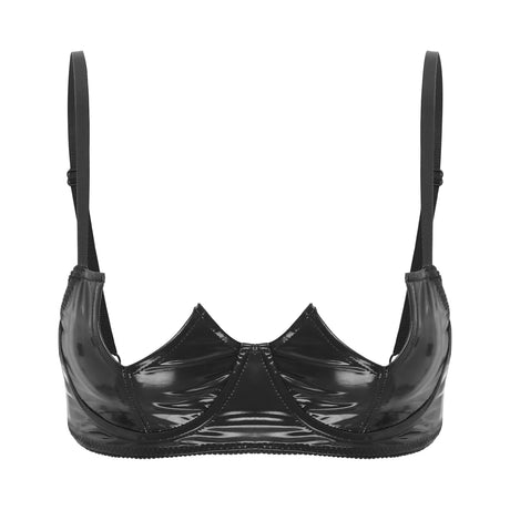 Women Sexy Exposed Nipple Bras Wet Look Patent Leather Underwired Brassiere Top Lingerie for Nightclub Pole Dacing Nightwear