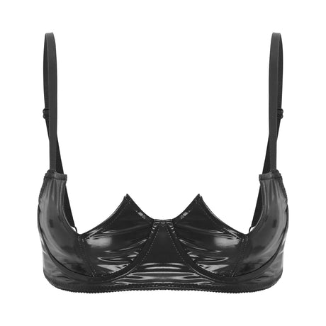 Women Sexy Exposed Nipple Bras Wet Look Patent Leather Underwired Brassiere Top Lingerie for Nightclub Pole Dacing Nightwear