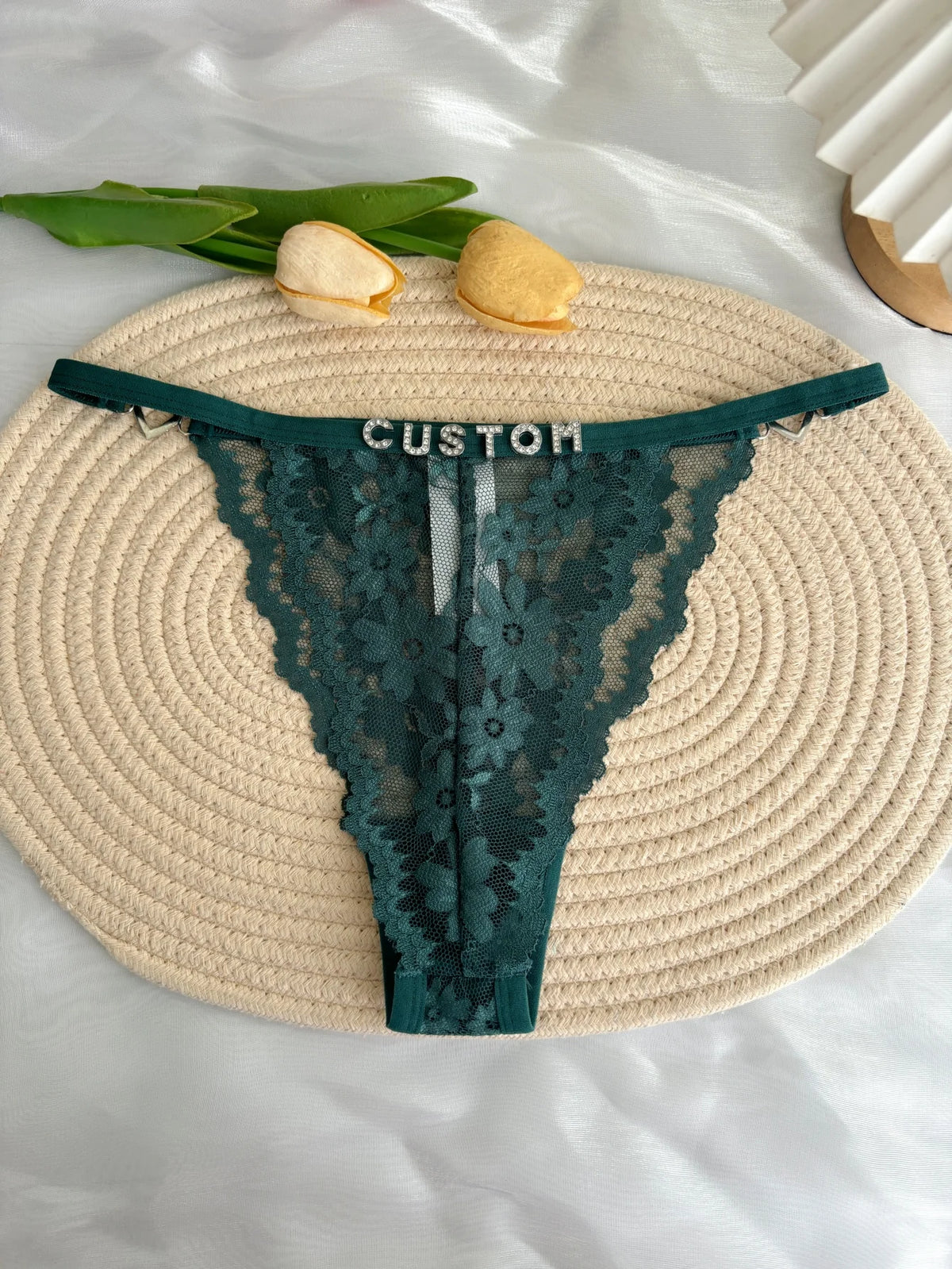 Custom Rhinestone Letter Name Text Sexy Lace Thong Panties Low Rise G-string Personalized Gift Wife Lover Anniversary Festival