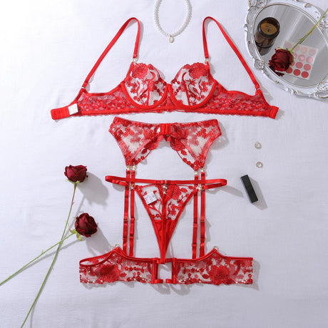 Heavy industry embroidery sequin red slim fit perspective high-end splicing gemstone decoration sexy lingerie four piece set