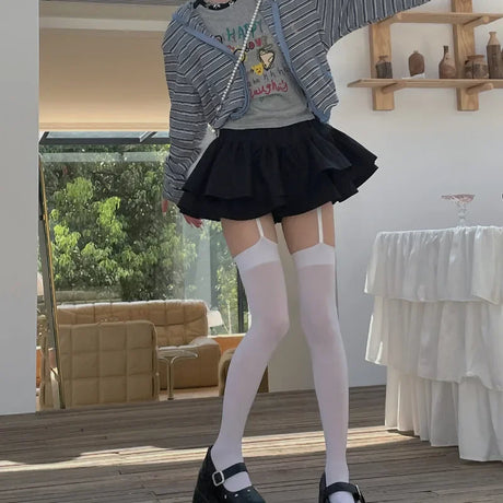 Women Suspender Wide-banded Velvet Tights Lolita Thin Thigh High Stockings with Garters Y2K JK College Style Over The Knee Socks