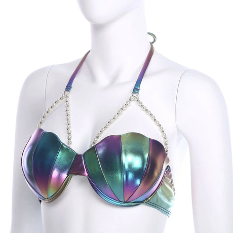 Women Shiny Bikini Bra Top Halter Neck Sheel Mermaid Swimwear Bead Chains Padded Bra Swim Tops Hawaii Beach Party Bathing Suit