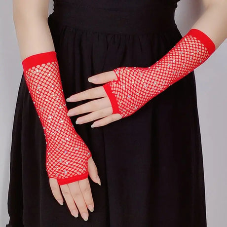 Sexy Elastic Mesh Gloves With Colored Flash Diamonds Bungee Stage Performance Hollow Fishing Net Punk Hiphop Women's Gloves R51