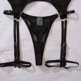 Ellolace Tempted Women's Lingerie Sets Daring Heart Rhinestone Bra Belt Thong 3PC with Choker Leg Circles Intimate Miss Outfits