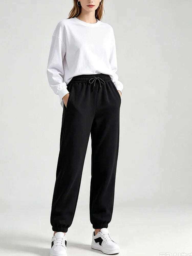 Autumn Winter Warm Solid Color Fleece Women Long Pants Casual Loose Elastic Waist Sports Pants Office Ladies Trousers Women