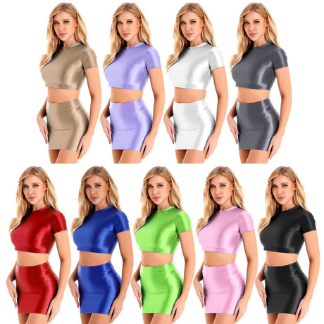 Womens Glossy Two-piece Outfit Oil Shiny Smooth High Waist Mini Skirt with Tank Top Nightclub Rave Outfit Pole Dancing Clubwear