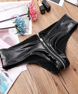 Women's Shiny Patent Leather Zipper Thong, Wet Look Low Rise Briefs, Sexy Fetish Lingerie for Club Party Cosplay