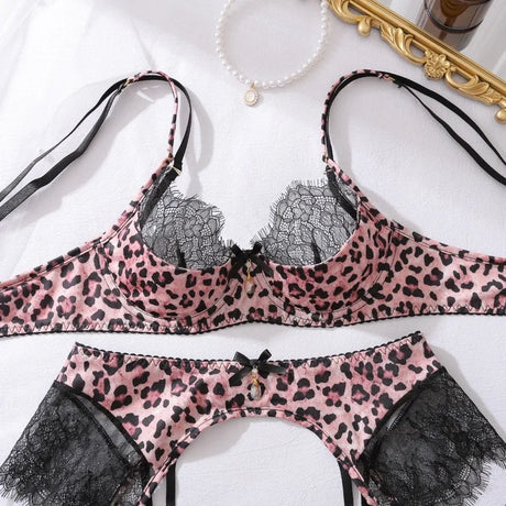 Leopard Wild Women's Lingerie Sets Stunning Lace Bra 3PC Set with Stockings Seductive Riding Suits Party Exotic Sexy Underwear