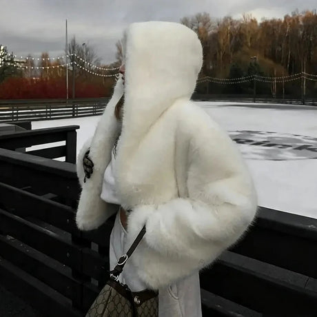 Women's Faux Fur Jacket White Mountain Fashion Hooded Cropped Faux Fur Coat Women Fluffy Women's Plush Coat Girls Hot Overcoat