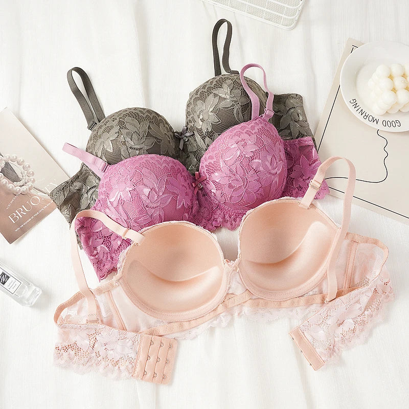 French Lace Half Cup Bra Women's Sexy Thin Top Thick Bottom Underwire Push Up Bra Comfortable Plus Size Bra Lingerie