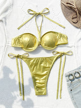 Sexy Underwire Bikini Gold Y2k Shiny Swimsuit Bandeau String Women Swim Suit Push Up Beach Outfit Vacation Swimwear Bathing Suit