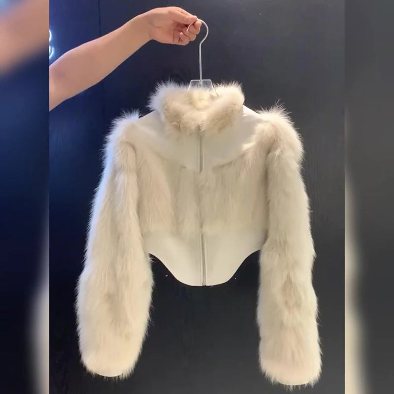 Cropped Faux Fur Coat Women Fashion Elegant Patchwork Fluffy Jacket Winter Ladies Korean Long Sleeve Furry Outerwears New