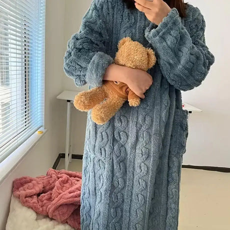 Winter Long Sleeve Double Pocket Flannel Nightgowns Women Loose Solid Sleepwear Jacquard Night Dress Thickened Warm Nightdress