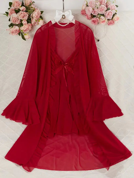 Women Sexy Robe Lingerie Set Lace V-neck Cami Dress with Transparent Mesh Night Gown Robe Nightwear Female Leisure Sleepwear
