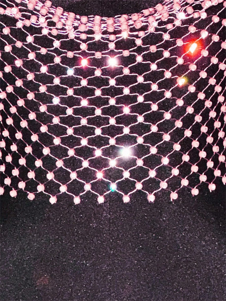 ling Pink Crystal Net Vest with Sequins Women Deep V Neck Dance Clubwear Trendy Fashion for Nightclub Bikini Cover Up